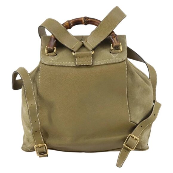 GUCCI Bamboo Backpack Suede Khaki Gold - Picture 2 of 15